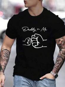 Camiseta casual de cuello redondo de manga corta para hombre con estampado de mano y letra - Negro - Ver 1