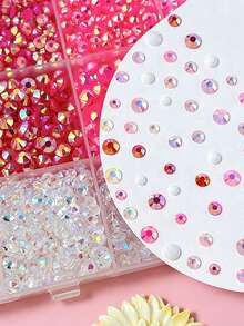 1Box Red Pink Clear Flatback Rhinestones Kit, Mixed Multi-Size 3/4/5mm AB Iridescent Round Crystal Rhinestones With Tweezers, Dotting Pen & Tray Tools, Bedazzling Gem Set For Nail Art, Tumblers, Clothing, Shoes & DIY Handmade Crafts Nail Charms - Multicolor - View 3