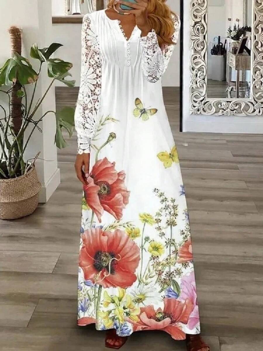 Women's Long Lace Dress, European And American Style, New For Spring And Summer. - 紅色 - 查看 1