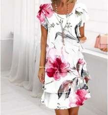 Vestido de gasa de primavera con estampado 3D de manga corta y cuello redondo de , estilo europeo y americano. - flores blanquecinas - Ver 6