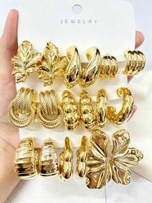 1 Pair - 9 Pairs New Summer Gold Jewelry Earring Set, Featuring Iris, Large Bow, Left And Right Ear Floral Design, Suitable For Women's Daily, Party, Gathering, Vacation Wear. - Yellow Gold - View 10