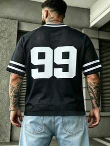 Men's Summer Casual Fashion Streetwear Daily Commute Star & Letter Print Knit Mesh Sports Jersey Top - Black - View 4