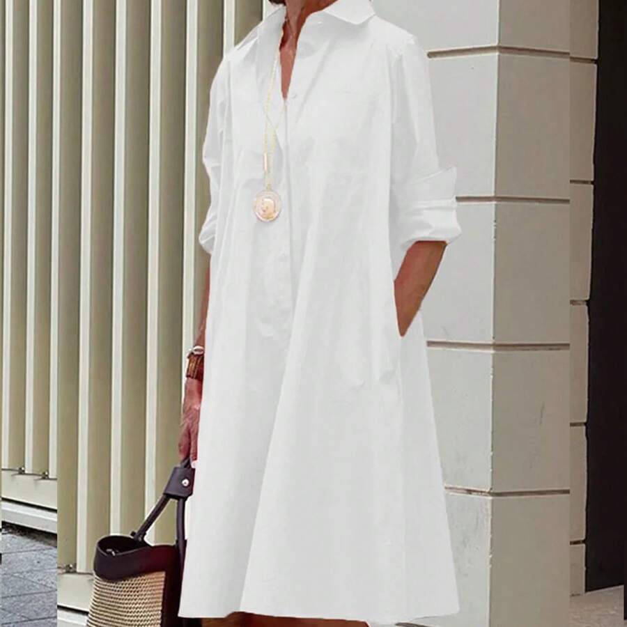 Simple Mid-Length Dress With Sleeves And A European And American Style Print. - 白色 - 查看 1