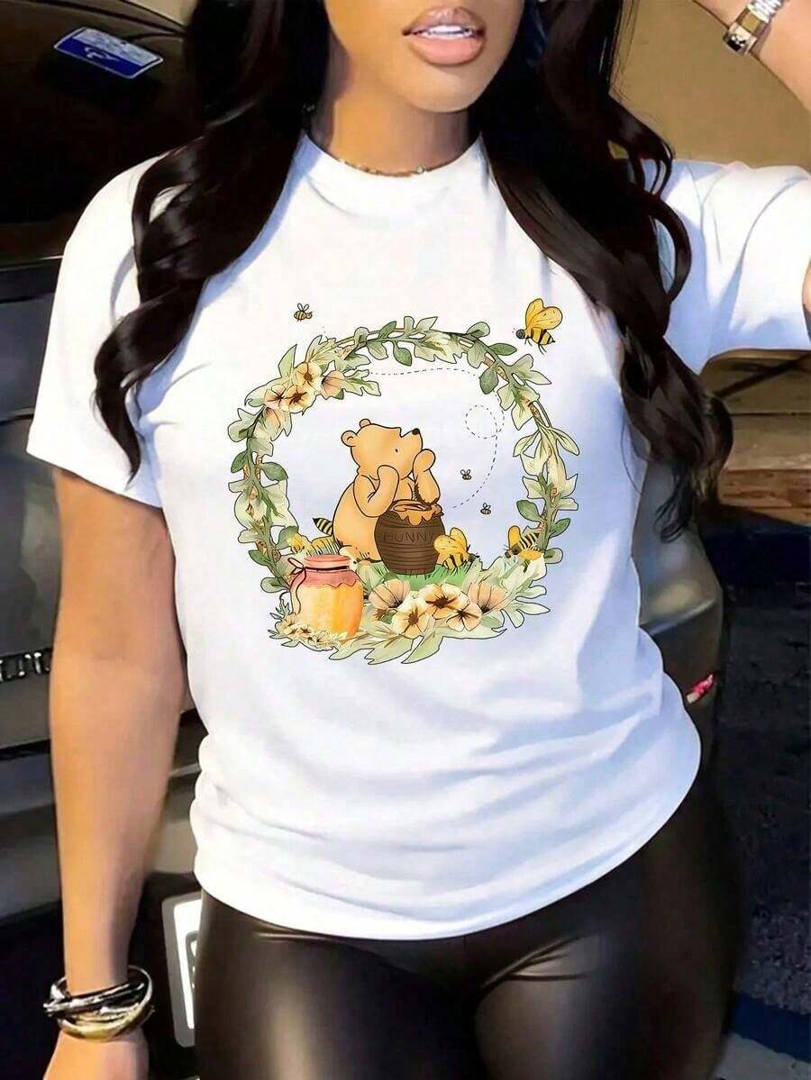 Graphic T-Shirt With Honey Bear, Flowers, And Bees Print, Short Sleeve, Casual Japanese Style, Kawaii Urban Fashion Streetwear, Daily Wear, Girl Y2K - 白色 - 查看 1