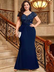 Plus Size Elegant Deep V-Neck Sequin Floral Lace Ruched Twisted Waist Mermaid Hem Formal Evening Gown, Birthday Outfit Party Vacation Wedding Fall - Navy Blue - View 3