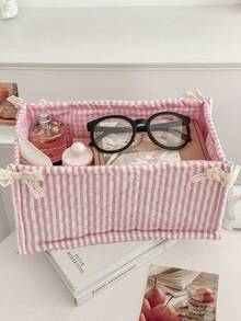 Lace Sweetheart Series Fabric Storage Basket, French Style Gentle Bow Decor, Thickened Quilted Design, Multi-Purpose Desktop Organizer For Home, Dorm, Students - Multicolor - View 11