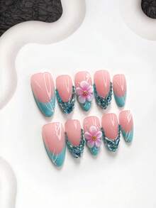 10pcs Luxury Handmade Press-On Nails, Polygel Nail Art Set, Blue Rhinestone Five-Petal Flower Design, Blue Nail Polish, Hot Girl Style, Includes Nail Tools, 3 Sizes Available, Almond/Duck/Coffin Shape, Suitable For Party, Dancing, Daily Wear - 彩色 - 查看 20