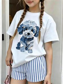 休閒青少年女孩淺藍色圓領T恤，創意小狗印花圖案裝飾，夏季時尚舒適新風格服飾 - 白色 - 查看 2