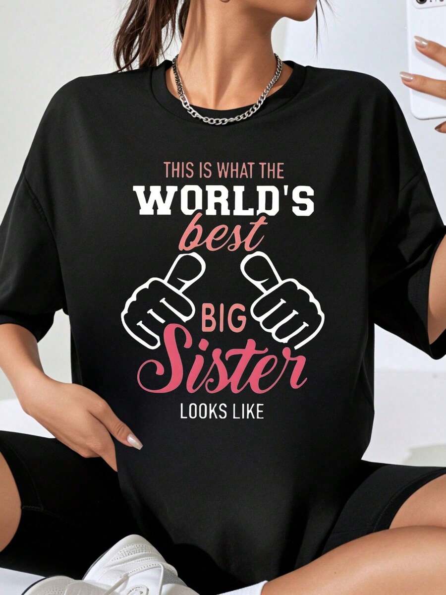 Camiseta Estampada Mujer Manga Corta Moda para Salir de CiudadThis Is What The Worlds Best Big Sister Looks Like T Shirt For Women Family Sibling Gift Birthday Day Wear - Negro - Ver 1