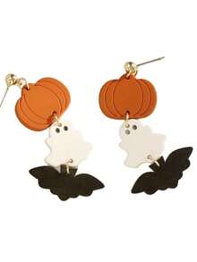 1 Pair Halloween Acrylic Engraved Pumpkin Earrings With Soft Clay-Like Texture Ghost & Bat Dangle Earrings For Kids - Multicolor - View 4