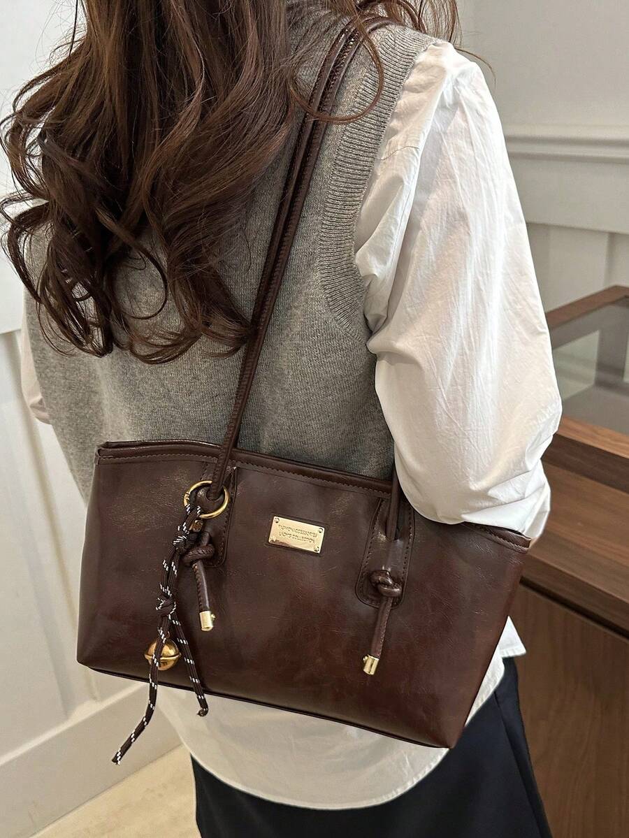 1 pieza Bolso de bolos de unicolor de PU con cierre de cremallera acolchado, gran capacidad, bolso de hombro de moda, estilo retro - Café integral - Ver 1