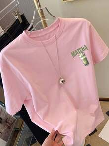 ZZG Es Trus 夏季大尺碼女款「MATCHA Latte」圖案印花街頭 Y2K 風格粉色圓領短袖 T 恤上衣休閒款 - 粉色 - 查看 3