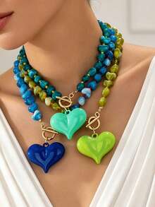 1 pieza Collar con colgante de corazón de acrílico vintage elegante y exagerado, adecuado para regalo del Día de San Valentín, vacaciones en la playa, fiesta, banquete, uso diario - Collar con forma de corazón - Ver 1
