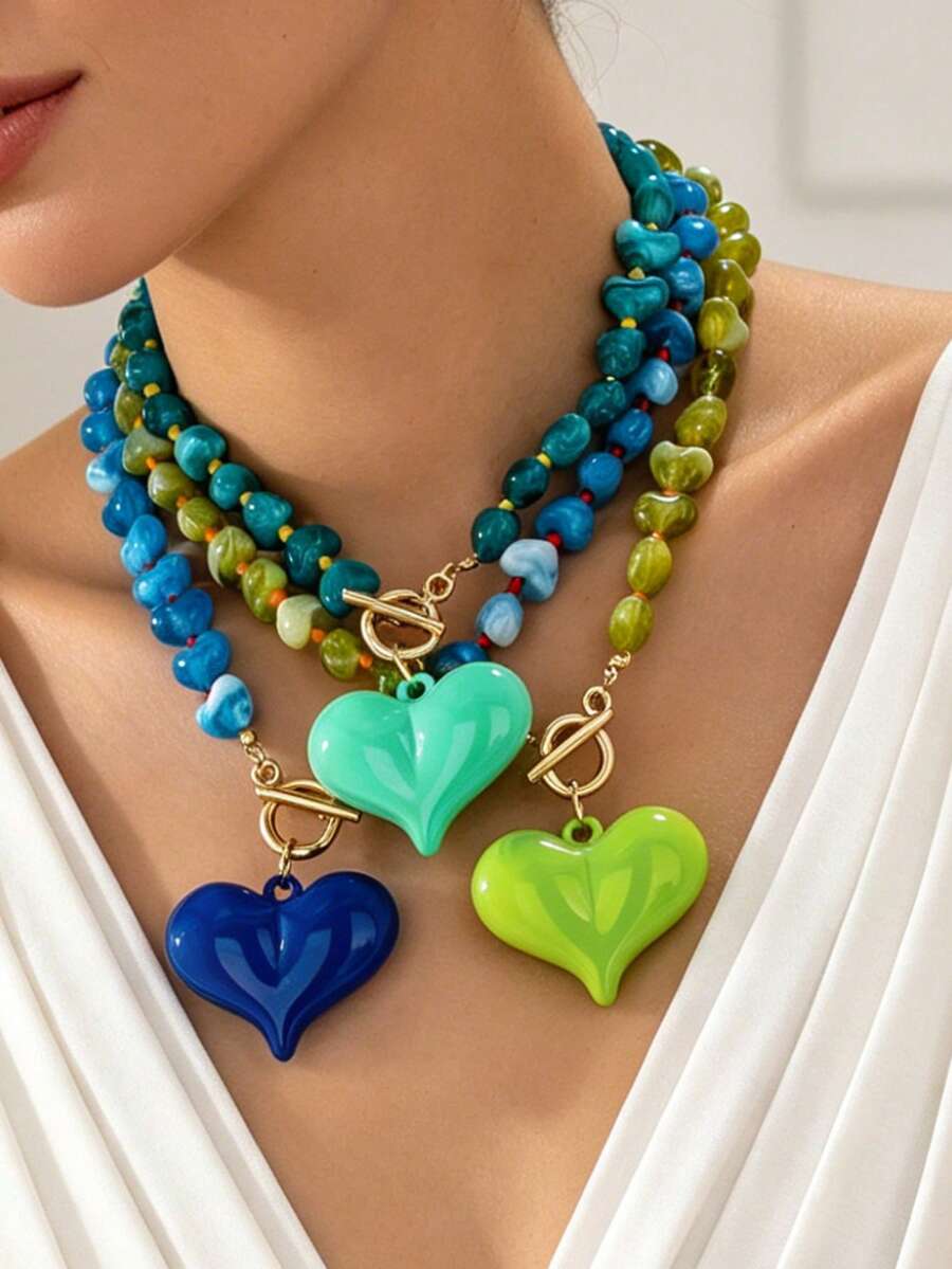 1 pieza Collar con colgante de corazón de acrílico vintage elegante y exagerado, adecuado para regalo del Día de San Valentín, vacaciones en la playa, fiesta, banquete, uso diario - Collar con forma de corazón - Ver 1