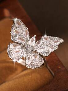 1pc Luxury Silver Butterfly Ring Inlaid Shiny Cubic Zirconia, Eye-Catching Jewelry For Women, Suitable For Wedding, Engagement, Anniversary & Birthday - White - View 8