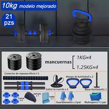 Kit de Mancuernas Ajustables 10kg, Set de Pesas y Mancuernas 6 en 1 para Ejercicio en Casa, Incluye Barra Recta, Pesas Rusas y Accesorios, Ideal para Gym en Casa y Fitness - Azul - Ver 2