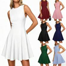 Vestido sin mangas para mujer, cuello redondo, corte ajustado y acampanado, mini vestido con costuras de princesa para trabajo o fiesta de cóctel. - Rosa - Ver 2