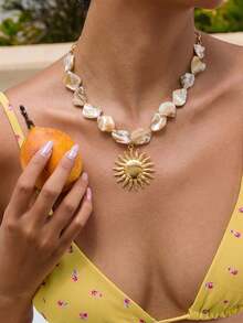 pieza de collar de conchas marinas naturales hecho mano con colgante de estrella de mar en tono dorado, collar de estilo oceánico la moda, adecuado para mujeres, vacaciones, fiestas y - Multicolor 8 - Ver 4