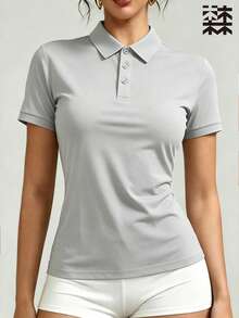 mulinsen 女款運動 Polo 衫 T-shirt，純色休閒薄款短袖上衣，輕量冰絲透氣翻領短袖，時尚鈕扣領設計，適合戶外休閒、女款高爾夫服飾、網球女裝、馬術騎乘上衣 - 深灰色 - 查看 1