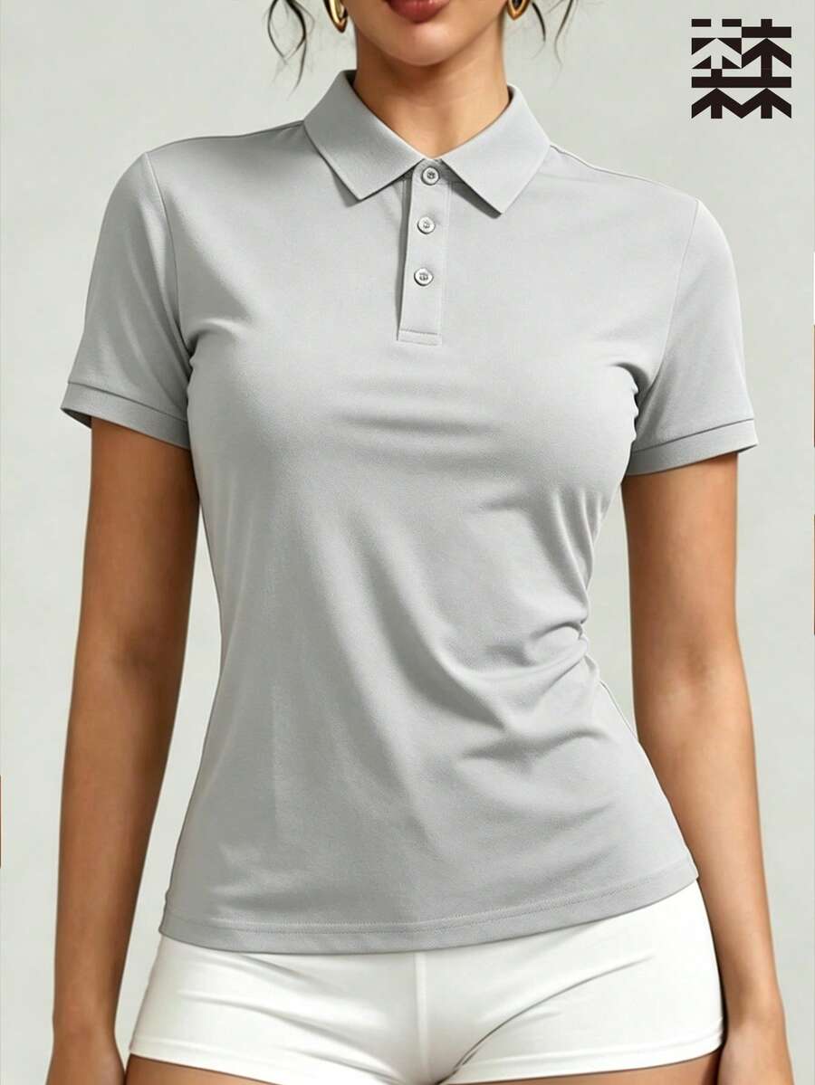 mulinsen 女款運動 Polo 衫 T-shirt,純色休閒薄款短袖上衣,輕量冰絲透氣翻領短袖,時尚鈕扣領設計,適合戶外休閒、女款高爾夫服飾、網球女裝、馬術騎乘上衣 - 深灰色 - 查看 1