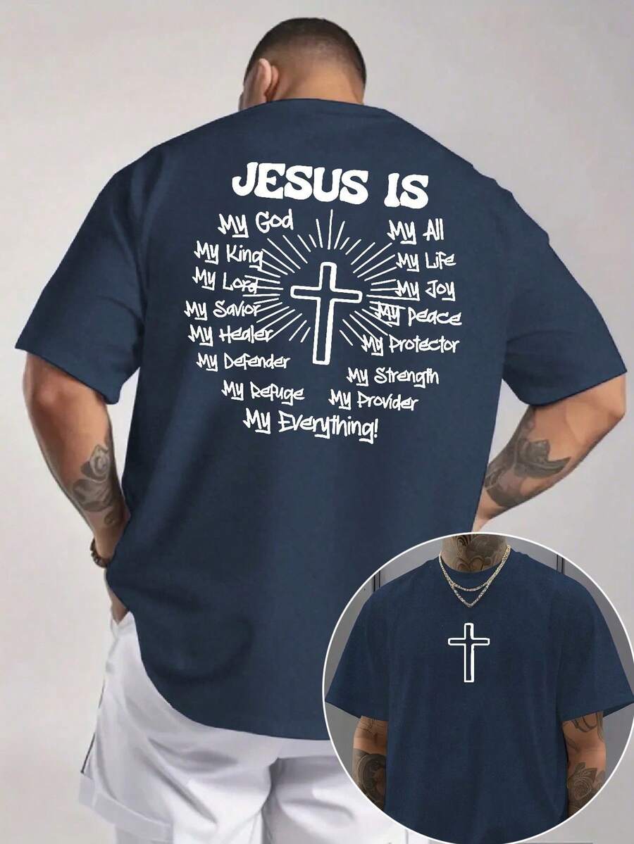 2026 New Men's Short Sleeve Graphic T-Shirt, Jesus Cross Design, Faith, Daily Wear, 100% Cotton, Unisex, Gift Idea For Him Or Her, Religious Clothing, Spiritual Clothing, Design Of - Navy - 查看 1