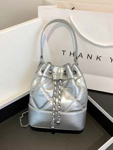 Women's Bucket Bag, Casual Straw Drawstring Crossbody Shoulder Bag - Silver - View 1