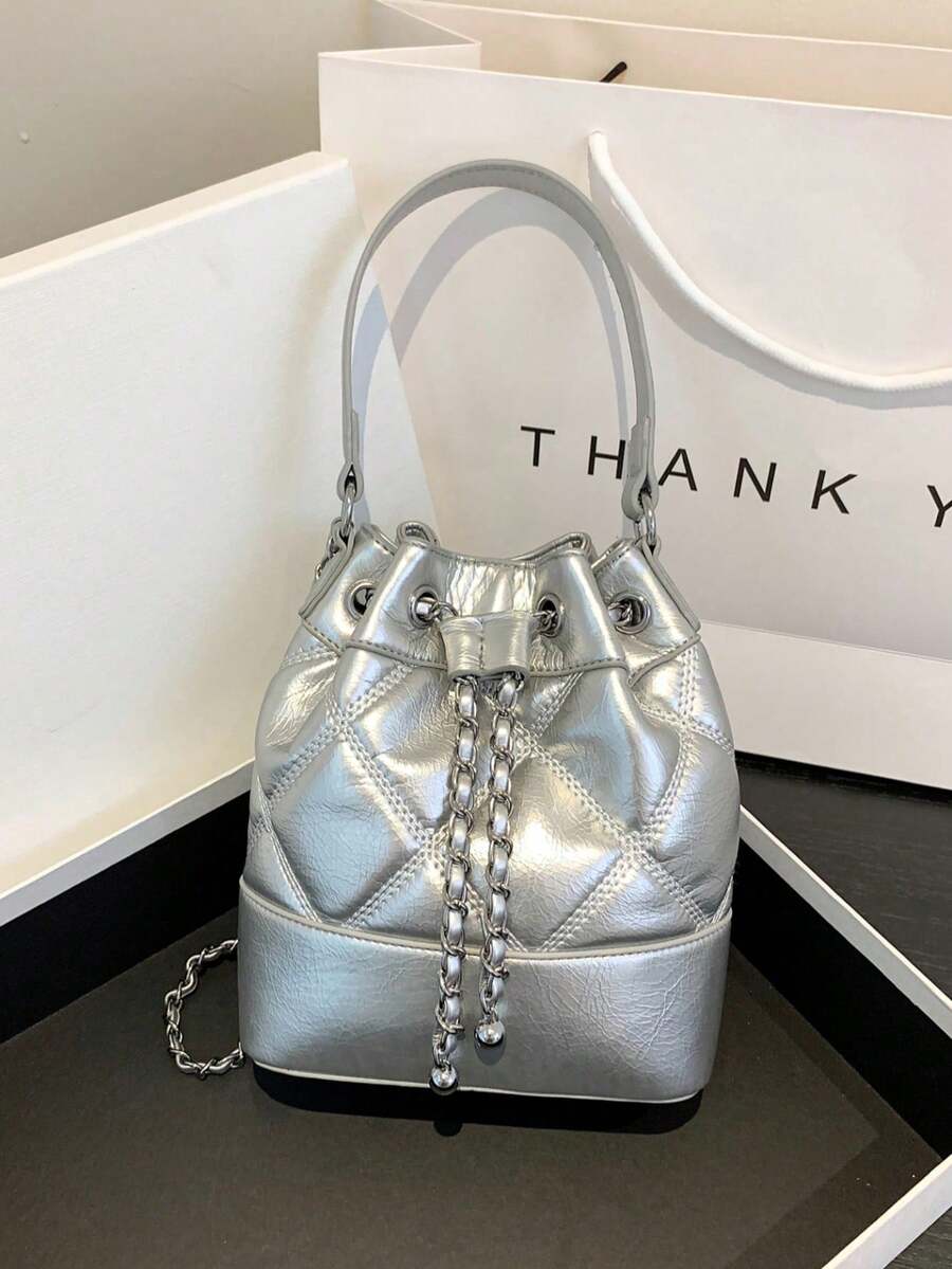 Women's Bucket Bag, Casual Straw Drawstring Crossbody Shoulder Bag - Silver - View 1