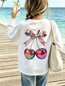 1pc Tween Girl Casual Cherry Print Long Sleeve T-Shirt, Spring & Autumn, Fashionable, Warm And Comfortable Design For Young Students And Teenagers - White - View 1