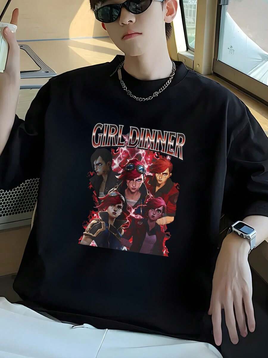 Camiseta Unisex Manga corta, Gráfico decorativo personajes Vi de Arcane con texto Girl Dinner, Playera Algodón fresco juvenil estilo playero Ocasional para verano tropical - Negro - Ver 1