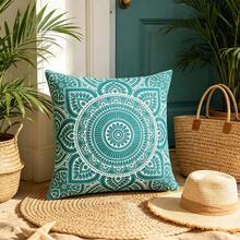 1PC Bohemian Pillow Cover, Blue Geometric Design Pattern, Polyester Digital Printed Pillow Cover, Square Polyester Pillowcase, Modern Sofa Decorative Cushion Cover, Double Sided Printed (Excluding Pillow Core) - Multicolor - View 1
