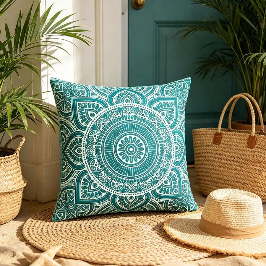 1PC Bohemian Pillow Cover, Blue Geometric Design Pattern, Polyester Digital Printed Pillow Cover, Square Polyester Pillowcase, Modern Sofa Decorative Cushion Cover, Double Sided Printed (Excluding Pillow Core) - Multicolor - View 1