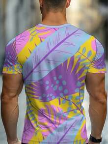 Camiseta ligera para hombre con estampado de patrón tropical vibrante en morado y amarillo, sin textura, perfecta para uso casual en casa, restaurante o actividades al aire libre, diseño dur - Negro - Ver 2