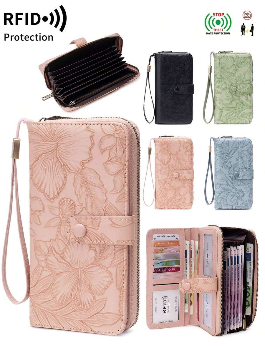 MIYIN Dompet Wanita dengan Perlindungan RFID, Resleting Melingkar, Kapasitas Besar, Dompet Panjang, Tempat Kartu Kredit dengan Tali Pergelangan Tangan, Motif Bunga Elegan, Dompet Genggam untuk Kerja
