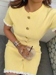 Women's New Spring/Summer Elegant Contrast Color Metal Button Dress, Paired With Graceful Ruffle Hem Blazer & Yellow Skirt Set For A Sophisticated Look. Features Front Button Closure Design, Suitable For Commuting, Daily Dates And Photo Shoots. - Yellow - View 4