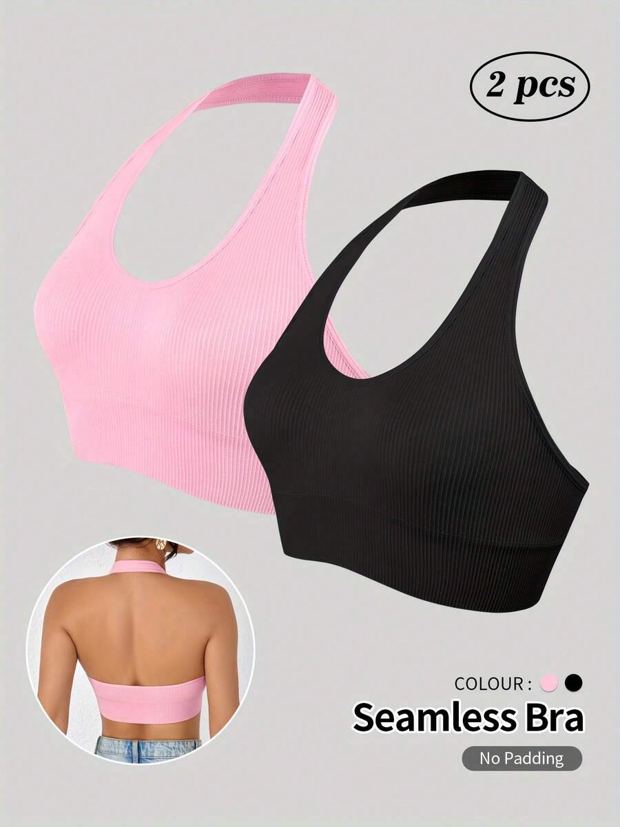 Top deportivo y camiseta de tirantes sin costuras - Top de yoga acanalado tipo halter con espalda abierta - Azul Marino - Ver 1