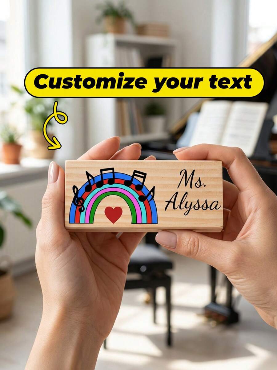 1pc Personalized Custom Music Teacher Wood Name Blackboard Eraser,Custom Teacher Name,Multiple Musical Symbol Design,Natural Wood Material,Ideal Piano Studio & Band Classroom Desk Decor,Sentimental Keepsake Thank You Gift For All Music Educators - Multicolor - View 1