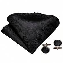 5Pcs Black Paisley Jacquard Men Accessory Set, Bow Tie Pocket Square Cufflinks Ring Boutonniere, Random Cufflink Patterns,Decor For Groom Wedding - Black - View 3