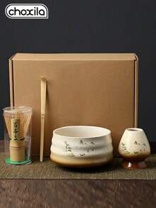 choxila 4pcs/Set Matcha Set Matcha Tools Japanese Kiln-Fired Versatile Original Color Tea Whisk Tea Ceremony Gift Box Set - Yuanshan Matcha Set - View 1