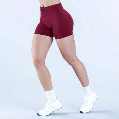 DFYNE Shorts Deportivos Cadera Levantada Sin Costuras con Logo Estándar Mate Plisados Color Sólido Alta Calidad Cintura Tres Secciones Ajustados Nylon Absorción Humedad Transpirable
