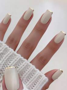 24pcs Medium Square Cream White Gold Line French Press-On Nails, Minimalist Elegant Fake Nails, Easy To Apply & Remove, Reusable - 白色 - 查看 1