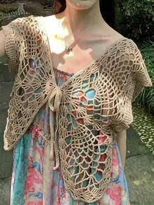 Cubierta de playa de verano para mujer, bordado, calado, estilo bohemio, cárdigan de tirantes finos, top sin mangas para vacaciones - Verde - Ver 3