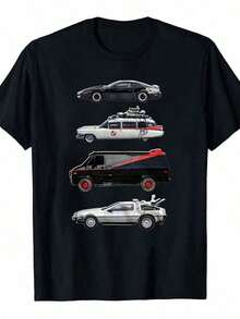 1 camiseta clásica para hombre con estampado de coches de película, 100% algodón, cuello redondo, estilo casual, corte holgado para todas las estaciones con ligera elasticidad, con gráficos - Negro - Ver 1