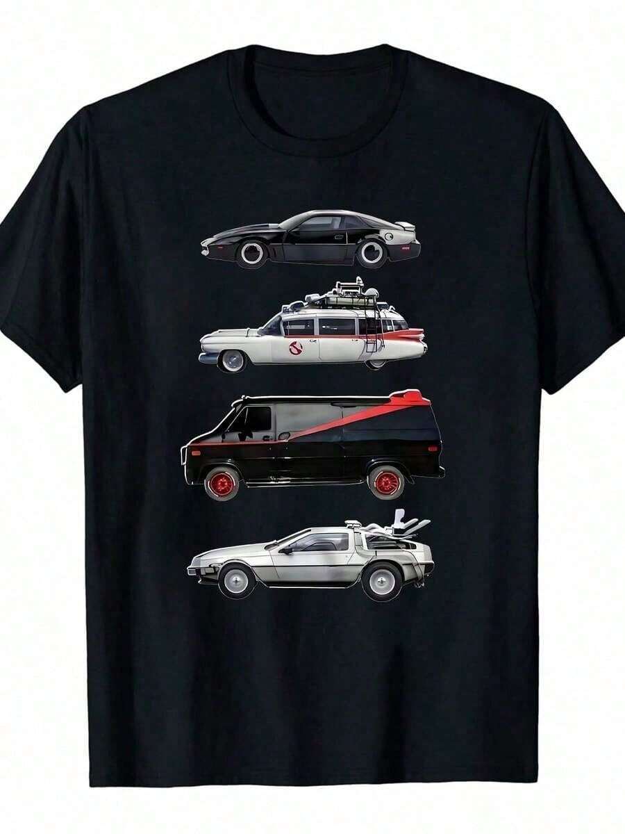 1 camiseta clásica para hombre con estampado de coches de película, 100% algodón, cuello redondo, estilo casual, corte holgado para todas las estaciones con ligera elasticidad, con gráficos - Negro - Ver 1