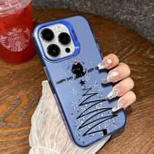 Christmas Tree Cat Phone Case For Apple 15Pro,  16Pro Max, Cute 14Pro, Christmas 13 - 彩銀殼-黑色-聖誕貓 - 查看 3