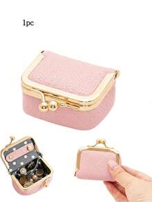 1pc Genuine Leather Mini Jewelry Box, Portable Vintage Style Small Leather Coin Purse, Jewelry Storage Box, Mini Travel Ring Box With Kiss Lock, Women's Earring Ring Necklace Storage Box - Pink - View 4