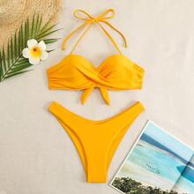 Bikini Dos Piezas Negro Halter Desmontable, Sujetador Bandeau con Fruncido Cruzado en el Bust, Braguita Corte Alto para Playa y Piscina - Nuevo bikini estampado transfronterizo - Ver 11