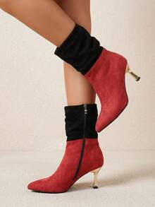 planare Women's New Fashion Casual Ruched Pointed Toe Slip-On Motorcycle Boots Western Boots Stiletto High Heel Mid-Calf Ankle Boots Winter Fashion Boots - Red - View 3