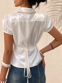 Women White Satin Ruched Blouse, Short Sleeve Collared V Neck Button Front Slim Fit Shirt, Elegant Office Casual 2026 Summer Top - Champagne - View 2