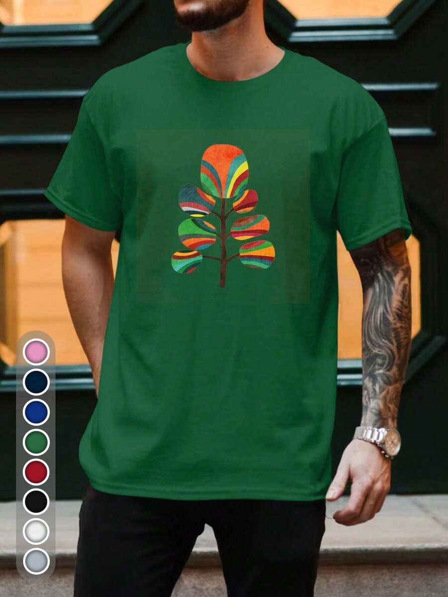 New Men's Casual Summer T-Shirt, 100% Cotton With Vibrant Multicolored Leaf Print - Soft And Breathable Fabric, Casual Crew Neck With Slight Stretch For Comfort - 白色 - 查看 1