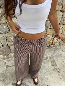 Brown Pinstripe Wide Leg Pants, Relaxed Fit Elastic Waist Casual Trousers, Summer Vacation Versatile Slimming Floor-Length Pants - Brown - View 4